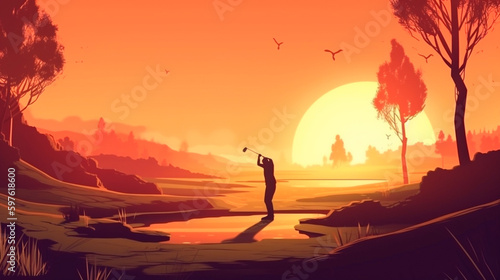 Golfer sport swing action at sunset in sand trap playground illustration. Generative AI © Aram