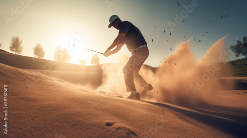 Golfer sport swing action at sunset in sand trap playground illustration. Generative AI