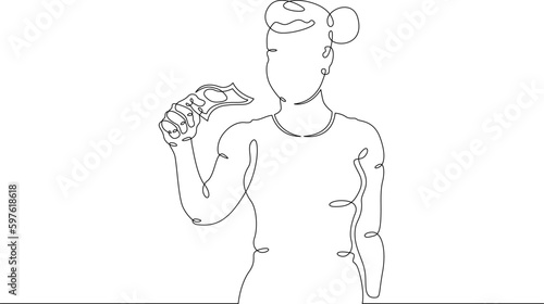 One continuous line. Woman with cash. Female character with banknotes in his hands. Woman with banknotes. Girl  holds money. One continuous line drawn isolated, white background.