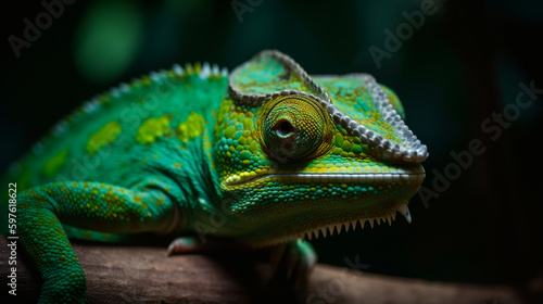 Green colored chameleon close up. Generative AI © Aram