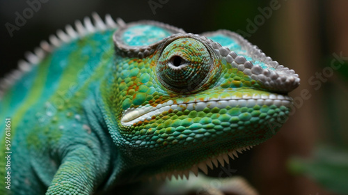 Green colored chameleon close up. Generative AI © Aram