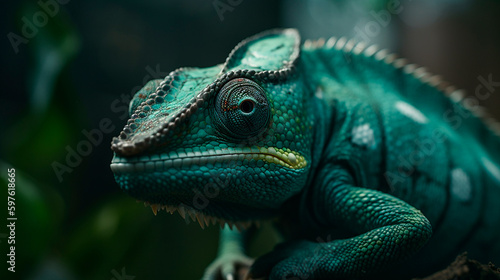 Green colored chameleon close up. Generative AI