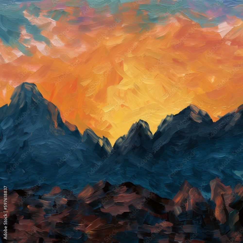 An abstract landscape of a mountain range with sunset col. Generated with AI Technology