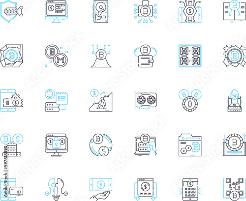 Virtual cash linear icons set. Cryptocurrency, Blockchain, Digital, Decentralized, Cashless, Bitcoin, Ether line vector and concept signs. Fintech,Secure,Token outline illustrations Generative AI