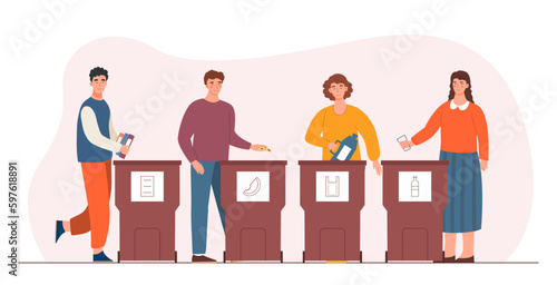 People sorting garbage. Men and women throw away plastic bottles. Zero waste lifestyle. Eco friendly volunteers and activists. Caring for nature and ecology. Cartoon flat vector illustration