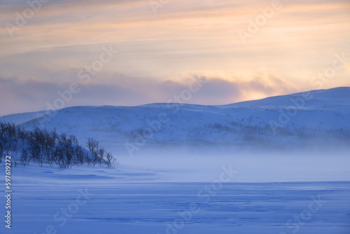 Stormy windy winter landscape in Lapland  Enontekio  Finland  Europe