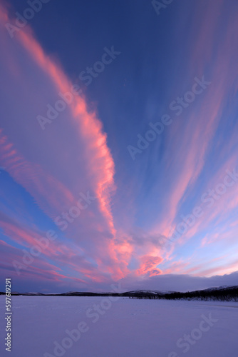 Obraz na plátne Sunset winter landscape in Lapland, Enontekio, Finland, Europe