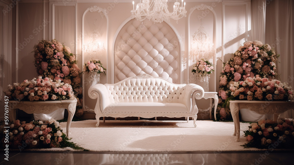 Luxurious wedding hall session in classic white colors, banana leaves, pink roses, wall lamps, table, sofa. Generative AI