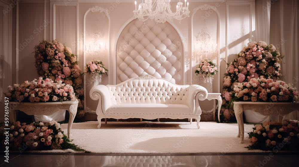 Luxurious wedding hall session in classic white colors, banana leaves, pink roses, wall lamps, table, sofa. Generative AI Luxurious wedding hall session in classic white colors, banana leaves, pink roses, wall lamps, table, sofa. Generative AI