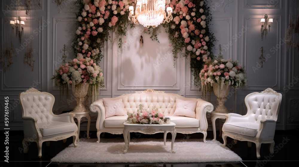 Luxurious wedding hall session in classic white colors, banana leaves, pink roses, wall lamps, table, sofa. Generative AI Luxurious wedding hall session in classic white colors, banana leaves, pink roses, wall lamps, table, sofa. Generative AI
