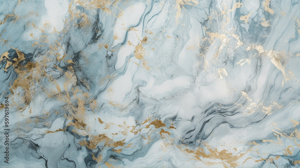 Soft blue marble texture with gold streaks. Generative AI
