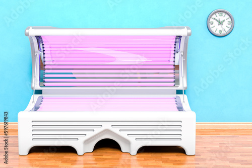 Tanning Bed in room near wall, 3D rendering photo