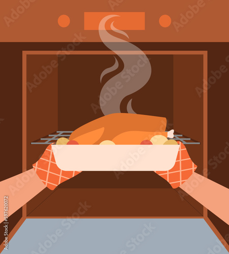 Cooking roast chicken. Character in mittens takes tray of hot poultry out of oven, meat of chicken or turkey. Homemade tasty food. Symbol of holidays and festivals. Cartoon flat vector illustration