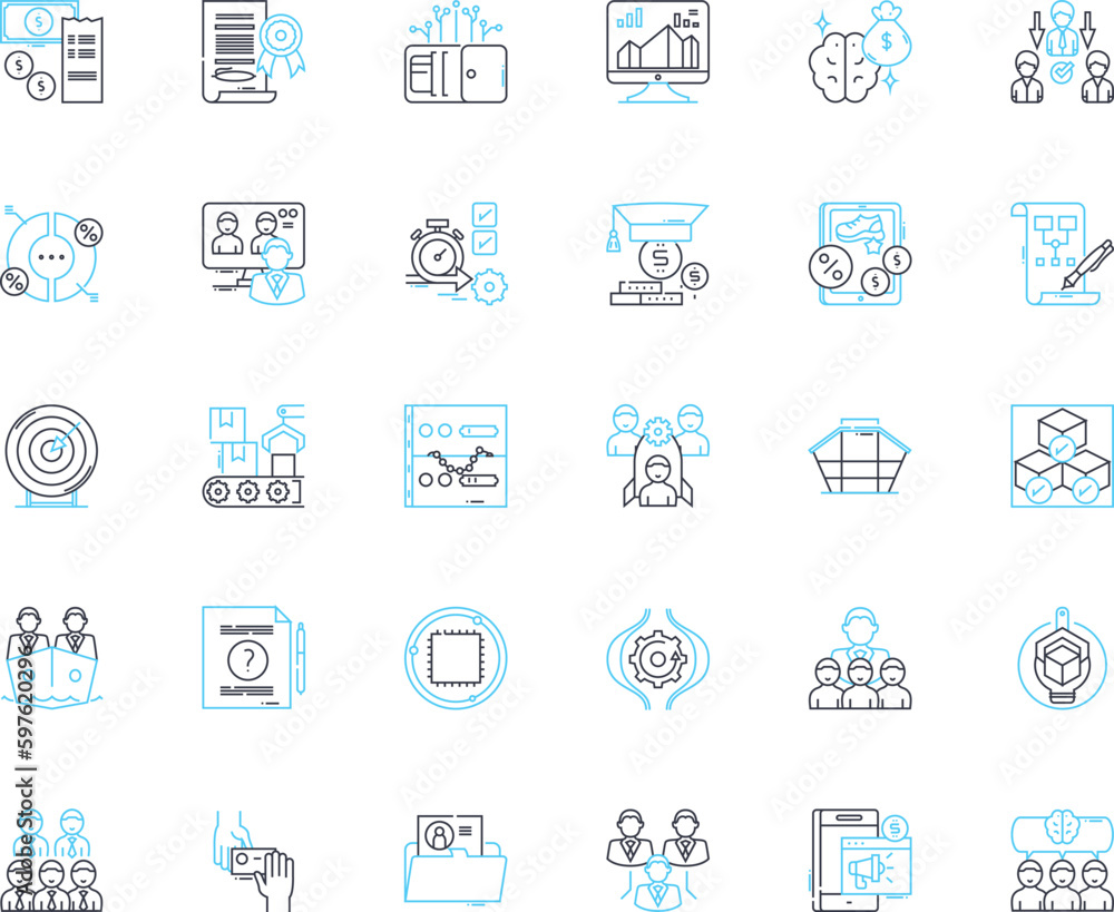 Working environment design linear icons set. Ergonomics, Ambience, Productivity, Sustainability, Collaboration, Flexibility, Creativity line vector and concept signs. Generative AI Working environment design linear icons set. Ergonomics, Ambience, Productivity, Sustainability, Collaboration, Flexibility, Creativity line vector and concept signs. Generative AI