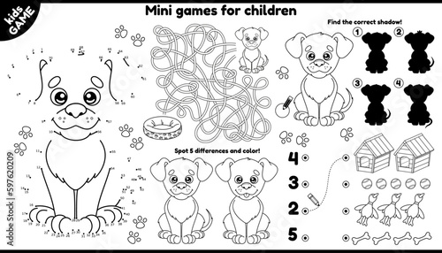 Vector dog placement for children. Set of outline kids games with cartoon cute puppy. Play and coloring. Printable activity mat with maze, connect the dots and color, find differences and other.