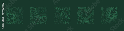 Various Contour Topographic Maps Vector Collection Panoramic Green Abstract Background. Different Linear Terrain Texture Set Contemporary Design Template. Ocean Depth Relief Line Art Illustration