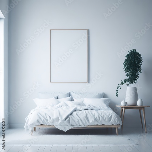interior of a white bedroom with mockup frame