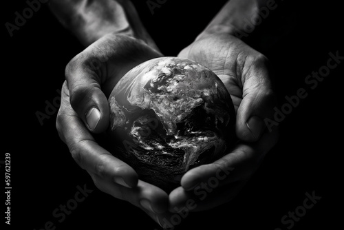 Planet in hand. Earth care concept. Black and white. High contrast. Generative AI