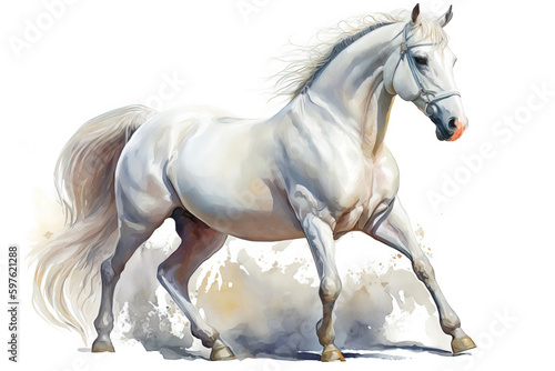 Generative AI. Animal illustration. White stallion, portrait of a white horse. Watercolor illustration