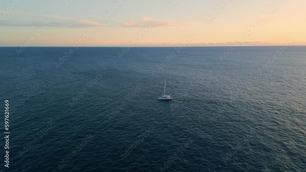 Luxury schooner sailing ocean at serene day. White yacht swimming at marine bay Luxury schooner sailing ocean at serene day. White yacht swimming at marine bay