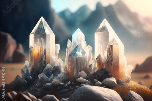 quartz gemstones towers on mysterious, yoga, spiritual, meditation