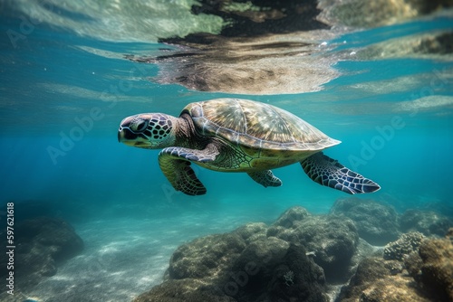 Underwater swimming sea turtle igital illustration in a photographic style, marine nature photography, made in part with generative ai. 