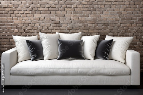 modern living room with a white couch and black and white accent pillows. Generative AI