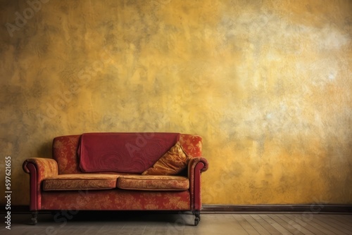 vibrant red couch against a bright yellow wall. Generative AI