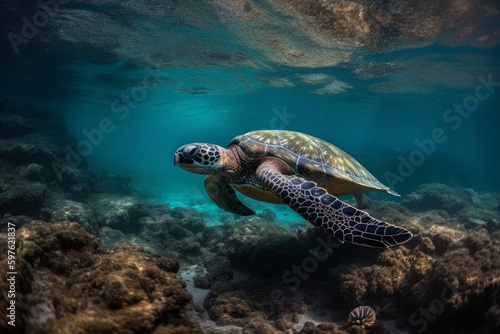 Underwater swimming sea turtle igital illustration in a photographic style, marine nature photography, made in part with generative ai.  © Carl & Heidi