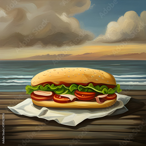 AI generative illustration of  submarine sandwich on napkin over looking ocean under sky and clouds. Style: oil painting. photo