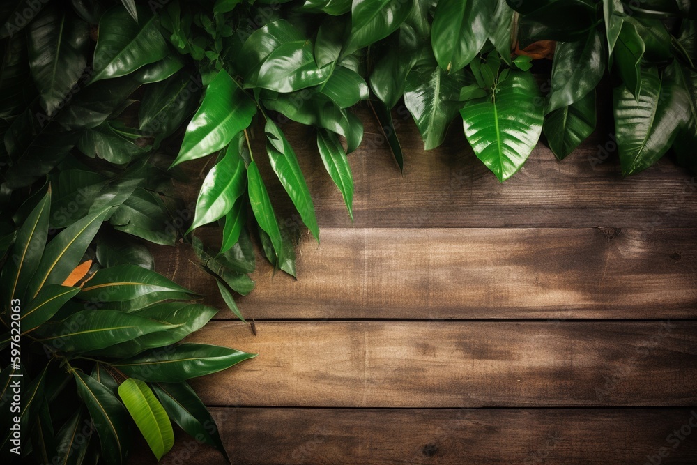 Obraz premium green leaves on wooden background