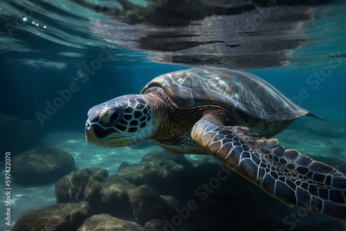 Underwater swimming sea turtle igital illustration in a photographic style  marine nature photography  made in part with generative ai. 