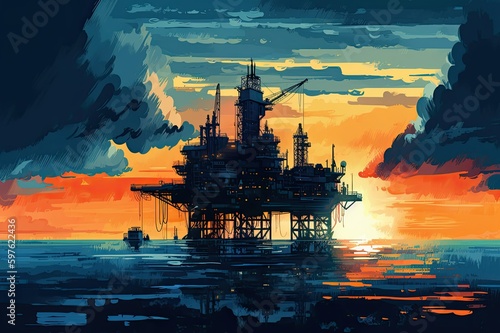 Oil Rig by Ludacris in Atmospheric Color Washes with Detailed Character Illustrations.Generative AI illustration