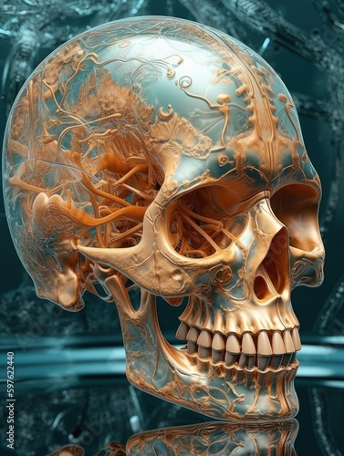 3D Human Skull in White Glass Structure.Generative AI illustration