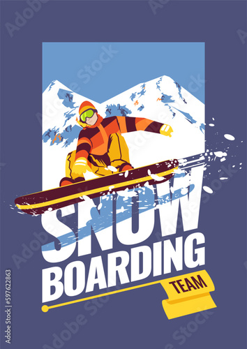 Skiing or snowboarding freestyle winter jump illustration. vector snowboard sports poster. professional skiing club or team design
