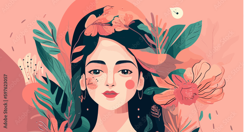 Portrait of a beautiful woman with flowers and leaves around her head. Vector illustration. Concept for fashion, summer holiday, wedding, anniversary, pop art, retro, vintage style