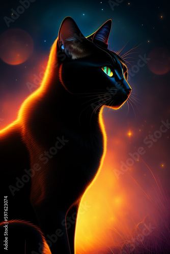 A black cat with blue eyes stands in front of a glowing background.