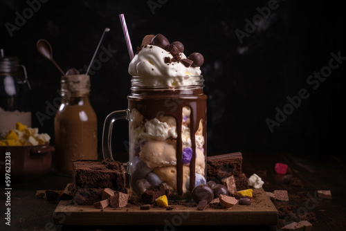 Generative ai. Chocolate and donuts extreme milkshake with marshmallow