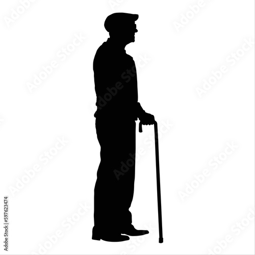 grandfather man with walking stick black silhouette on white white vector