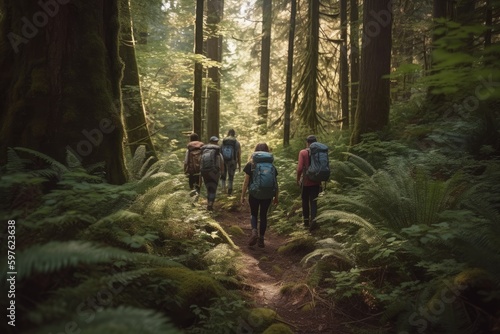 A group of young people hiking through a majestic scenic forest trail, with backpacks, camping gear and water bottles. Concept of adventure and exploration. Generative AI