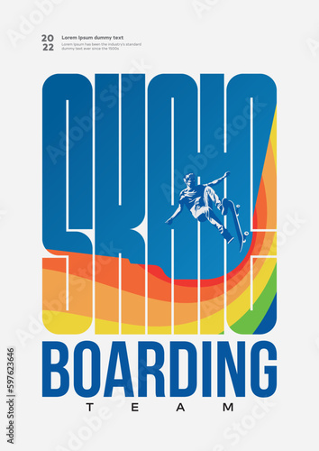 Skateboarding poster, skater performing stunt design for t-shirt, skateboarding vector illustration, skating team flyer design, skate park typography design