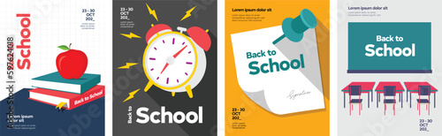 Back to school posters, school graphics, notice board, thumb pin, class room, alarm clock school illustration. Set of flat vector illustrations and objects on school theme.