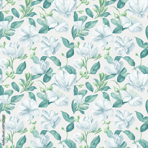Seamless white magnolia flower watercolor pattern, ai generated