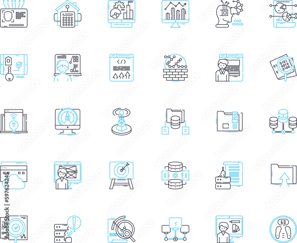 Recordkeeping methods linear icons set. Digitization, Organization, Classification, Filing, Management, Retrieval, Preservation line vector and concept signs. Archiving,Sorting,Tracking Generative AI