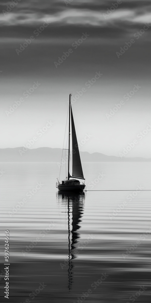 Fototapeta premium white image of a lone sailboat on a calm sea. AI generative