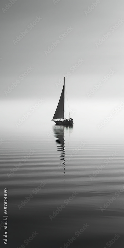  white image of a lone sailboat on a calm sea. AI generative