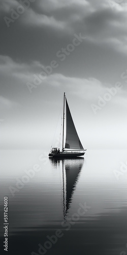  white image of a lone sailboat on a calm sea. AI generative