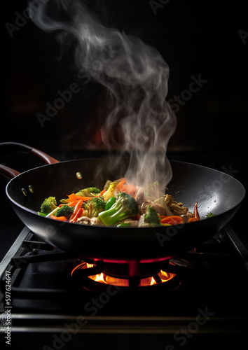 Bring some excitement to your food-related content with a sizzling stir-fry image. Perfect for Asian cuisine, recipe blogs, and food photography