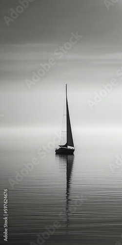  white image of a lone sailboat on a calm sea. AI generative