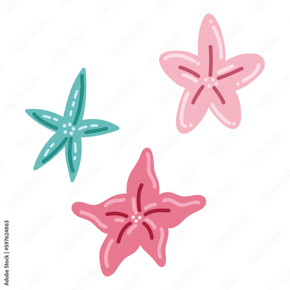 vector set of starfish. pink and blue. cartoon vector set of starfish. pink and blue. cartoon